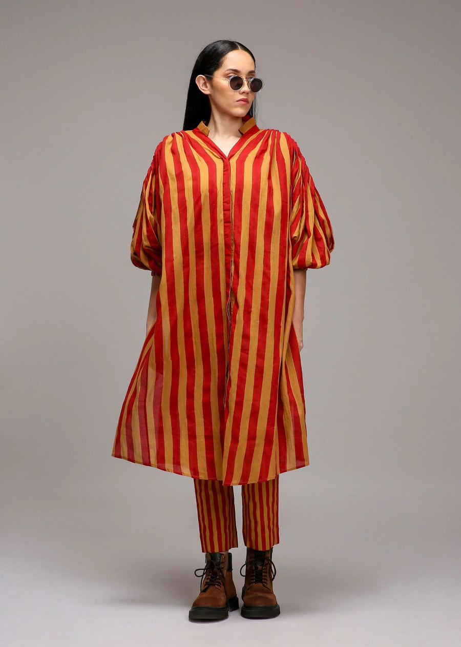 A Model Wearing Multicolor Cotton Tan-Brown Red Striped Baha Tunic Set (2 PCS), curated by Only Ethikal