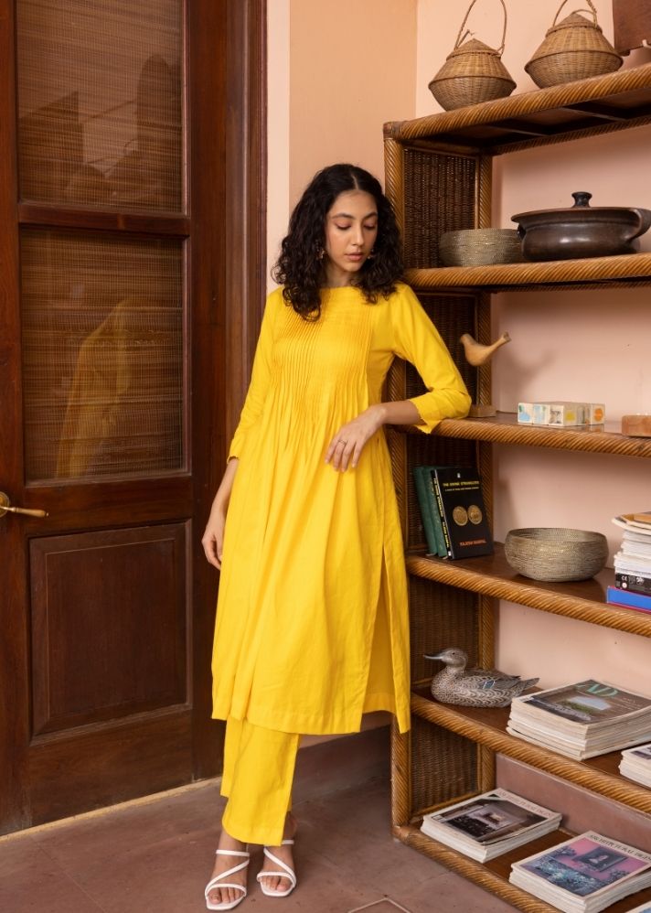 A Model Wearing Yellow Organic Cotton Flamingo Kurta- Yellow, curated by Only Ethikal
