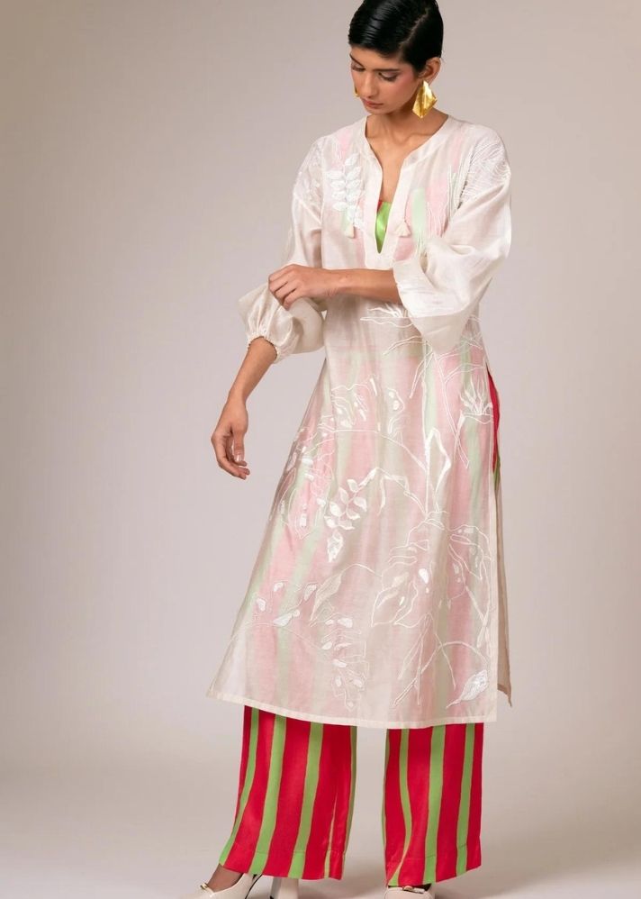 A Model Wearing Multicolor Handloom Chanderi Silk Astra Top +  Pant + Bustier, curated by Only Ethikal