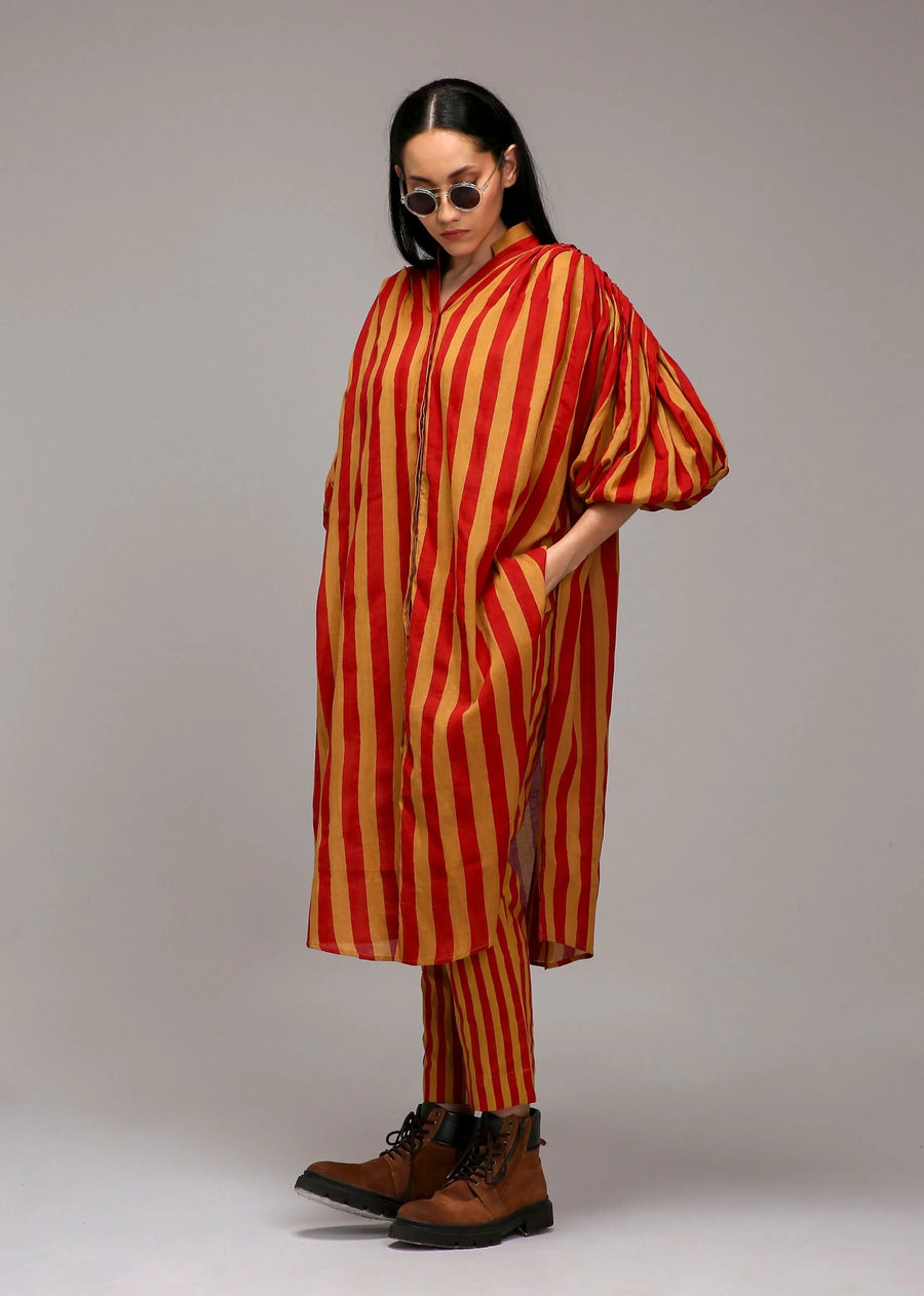 Tan-Brown Red Striped Baha Tunic Set (2 Pcs)