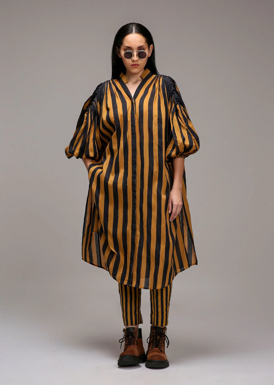 A Model Wearing Multicolor Cotton Tan-Brown Blue Striped Baha Tunic, curated by Only Ethikal