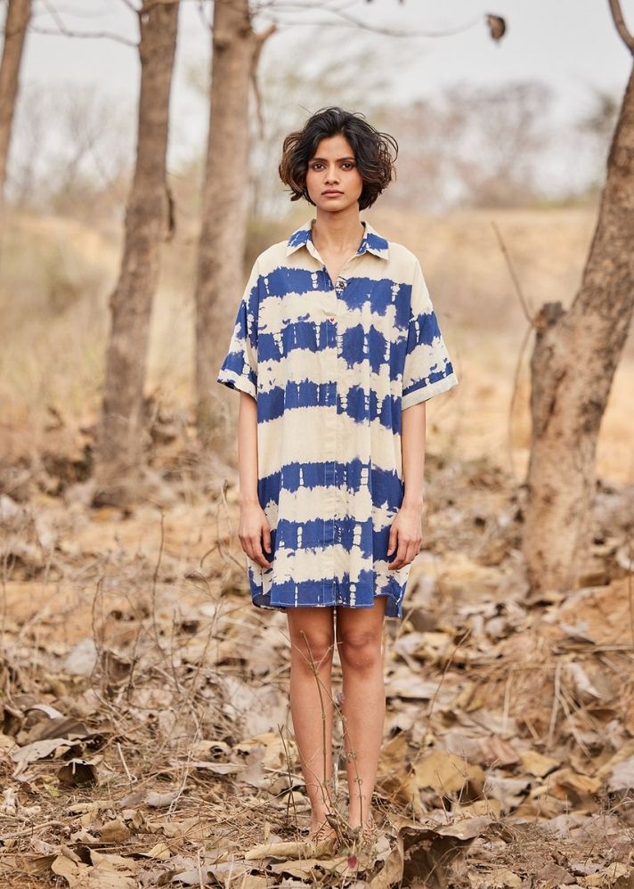 A Model Wearing Blue  Cotton Mul Barish shirt dress, curated by Only Ethikal