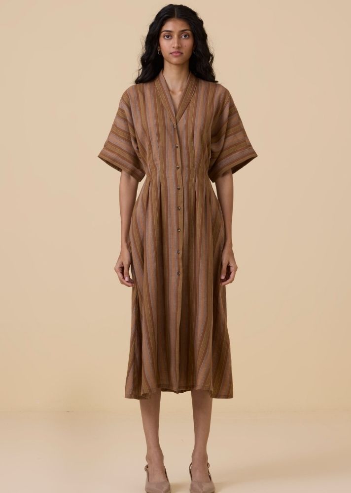 A Model Wearing Brown Handwoven Cotton Qirat Brown Striped Midi Dress , curated by Only Ethikal