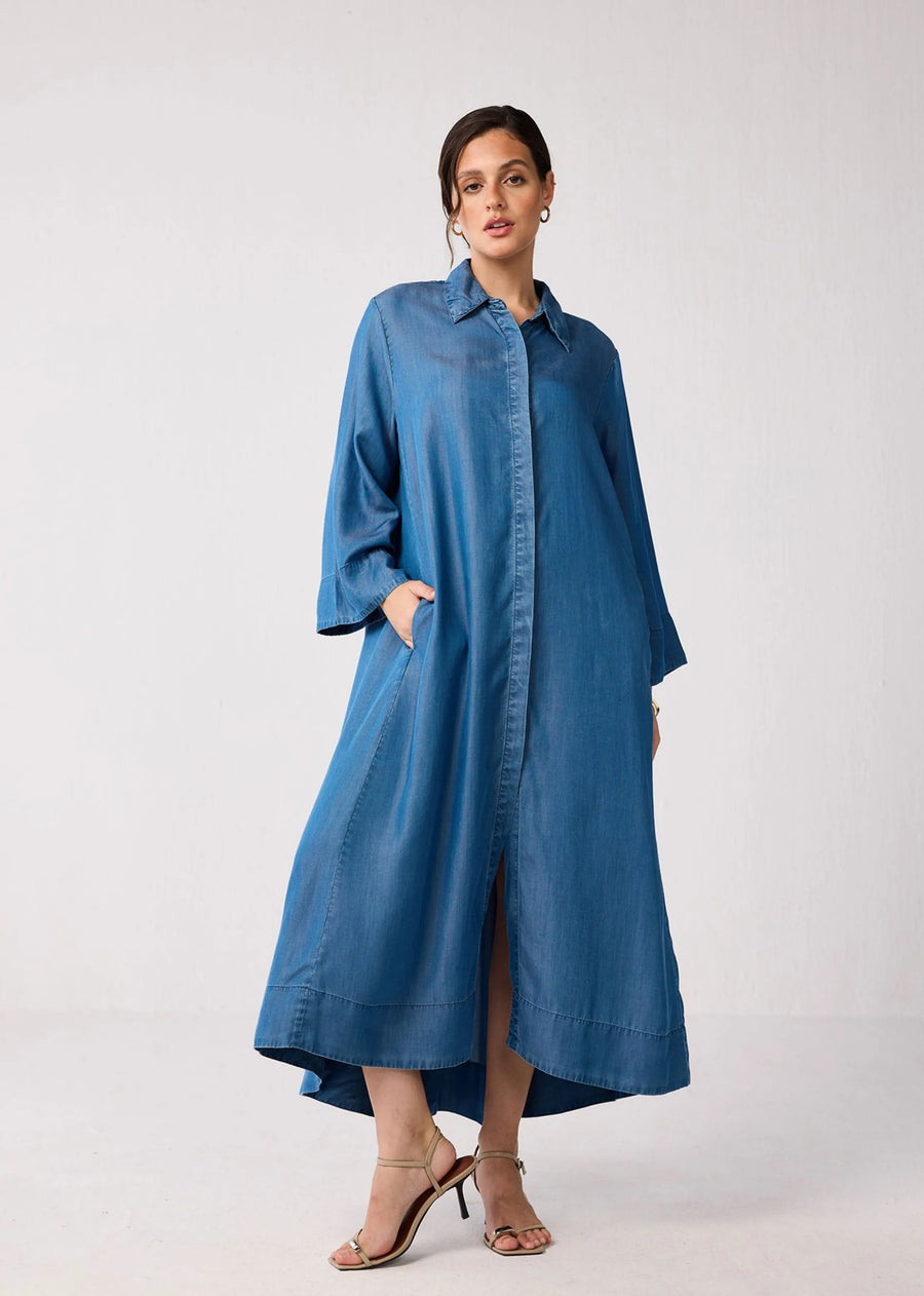 A Model Wearing Blue Tencel Oversized Maxi Tencel Shirt Dress In Blue, curated by Only Ethikal