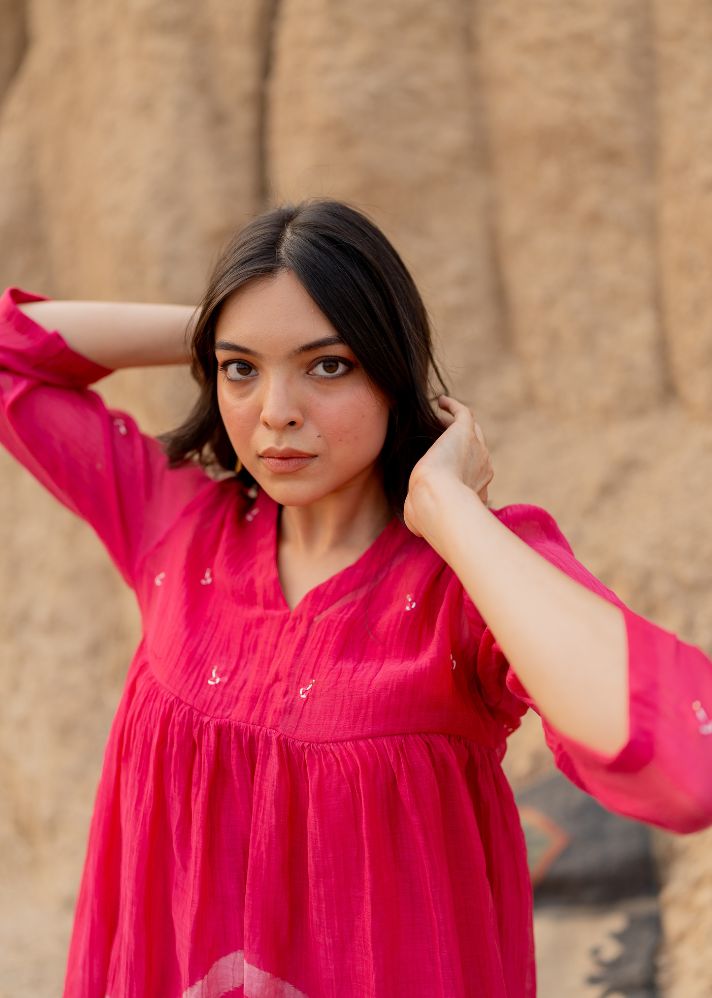 A Model Wearing Pink Chanderi Cotton Pink Arazi Dress, curated by Only Ethikal