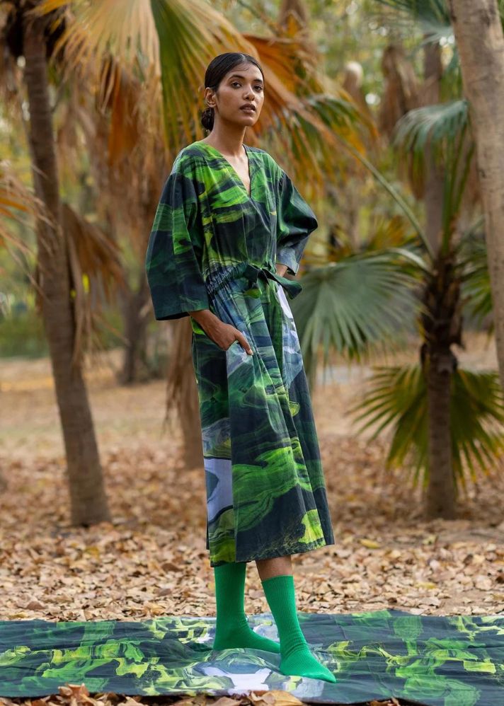 A Model Wearing Multicolor Upcycled Cotton Doris Green Dress, curated by Only Ethikal