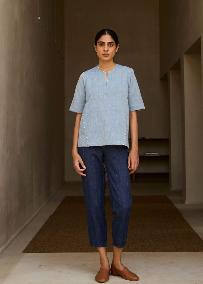 A Model Wearing Blue Handwoven Cotton Polina Handwoven Blue Top , curated by Only Ethikal