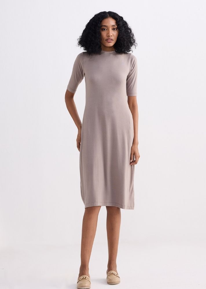 A Model Wearing Grey Modal High Crew Neck Elbow Sleeves Fitted Dress In Dusty Brown
, curated by Only Ethikal