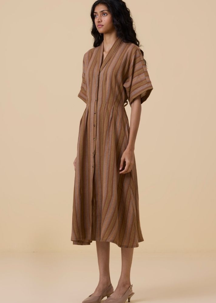 Qirat Brown Striped Midi Dress