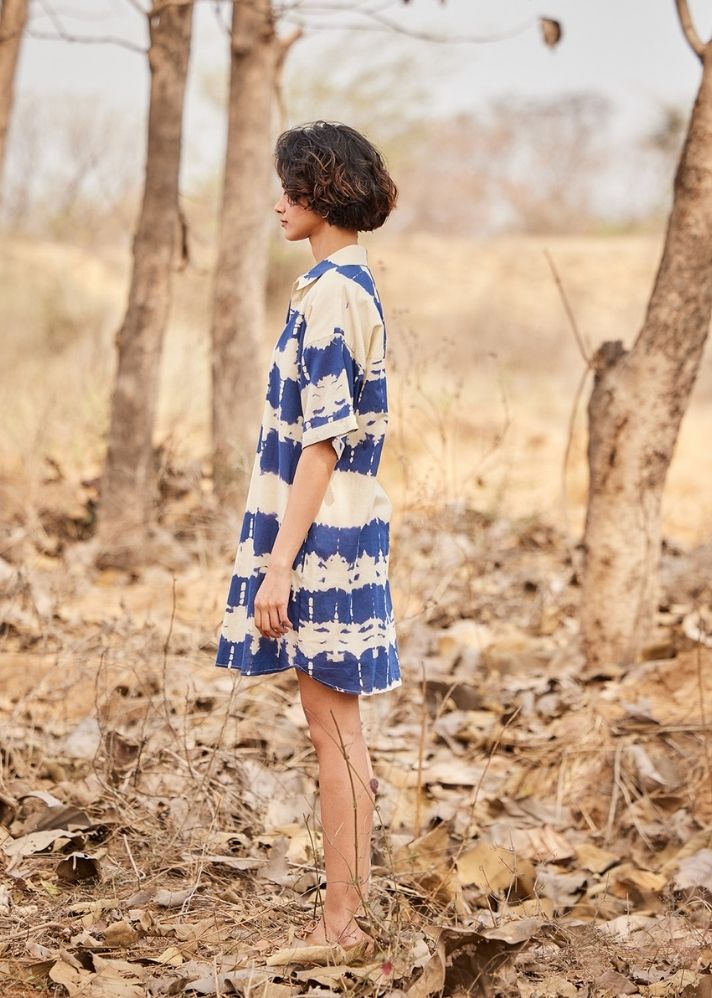 A Model Wearing Blue  Cotton Mul Barish shirt dress, curated by Only Ethikal