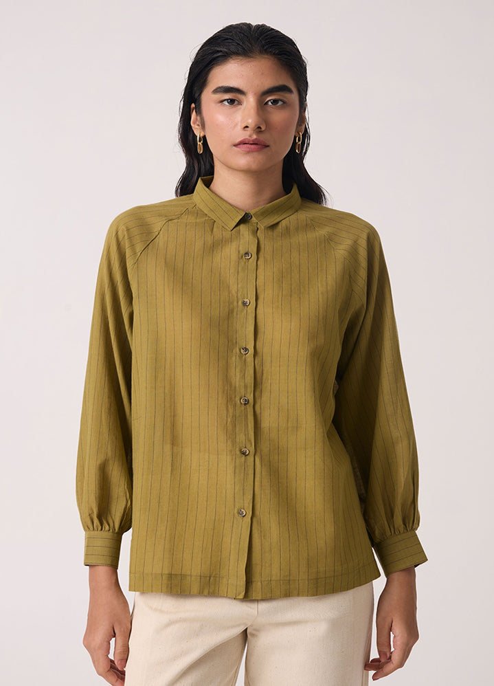 A Model Wearing Olive Handwoven Cotton Yeji Olive Handwoven Cotton Shirt , curated by Only Ethikal