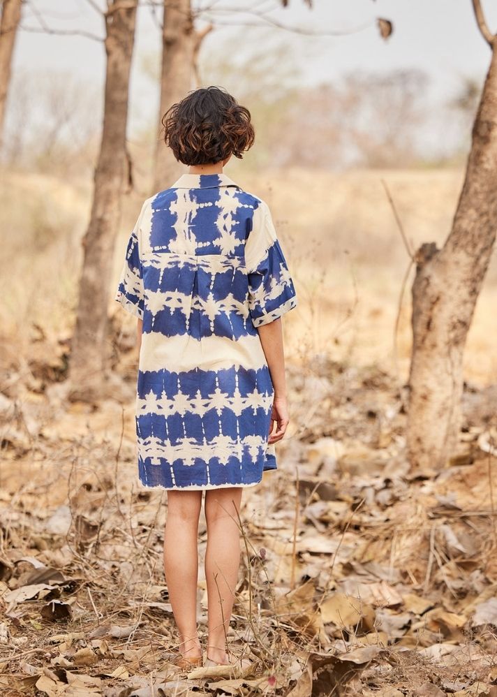 A Model Wearing Blue  Cotton Mul Barish shirt dress, curated by Only Ethikal