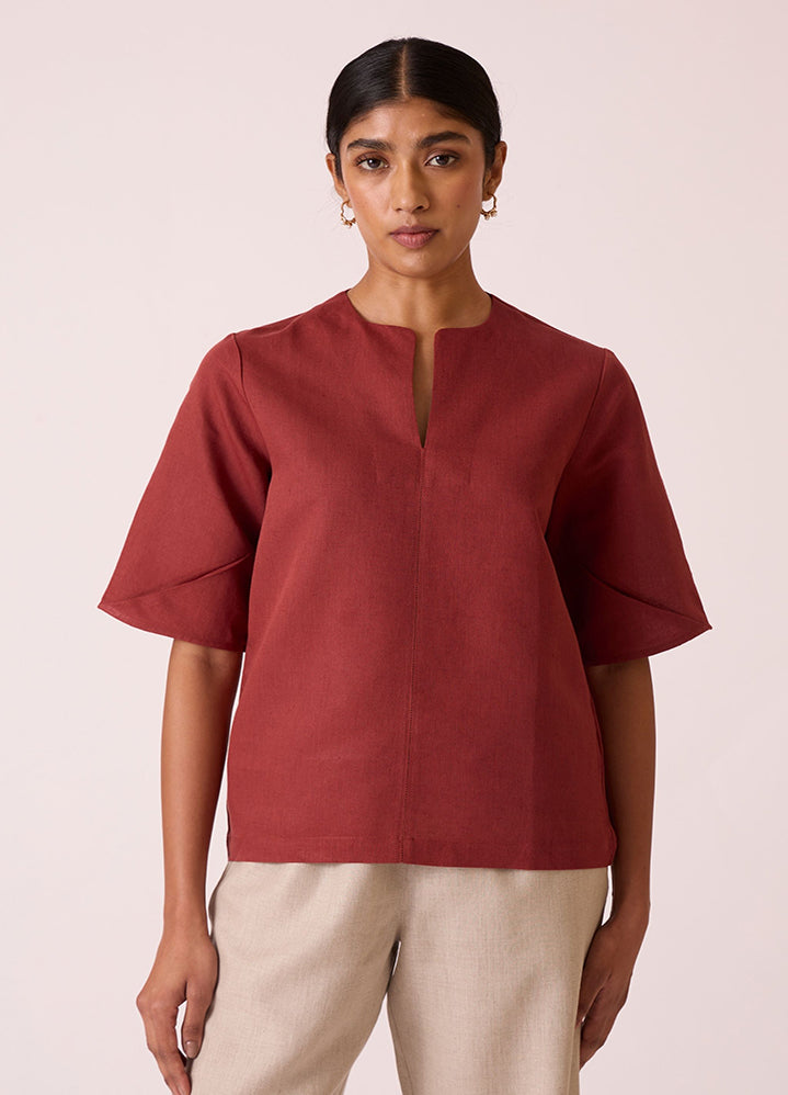 A Model Wearing Red Linen Cotton Manu Umber Linen Cotton Top, curated by Only Ethikal