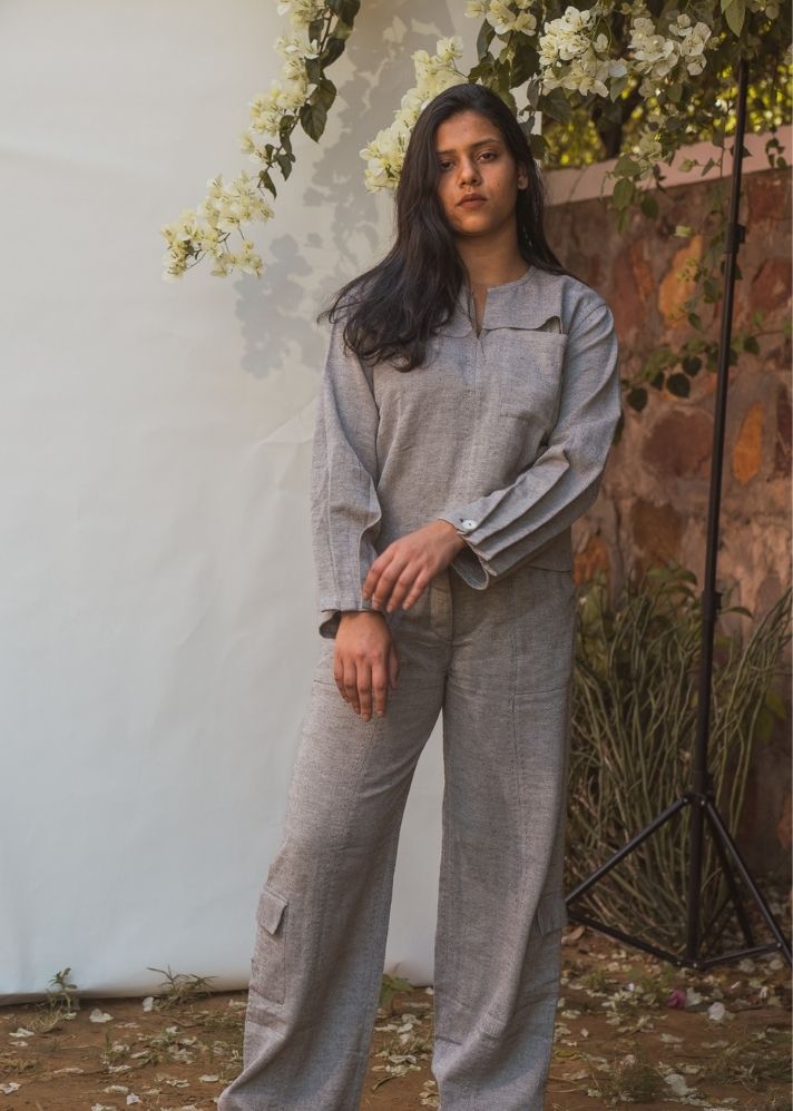 A Model Wearing Grey Pure Cotton Sonder Pleated Sleeve Blouse, curated by Only Ethikal