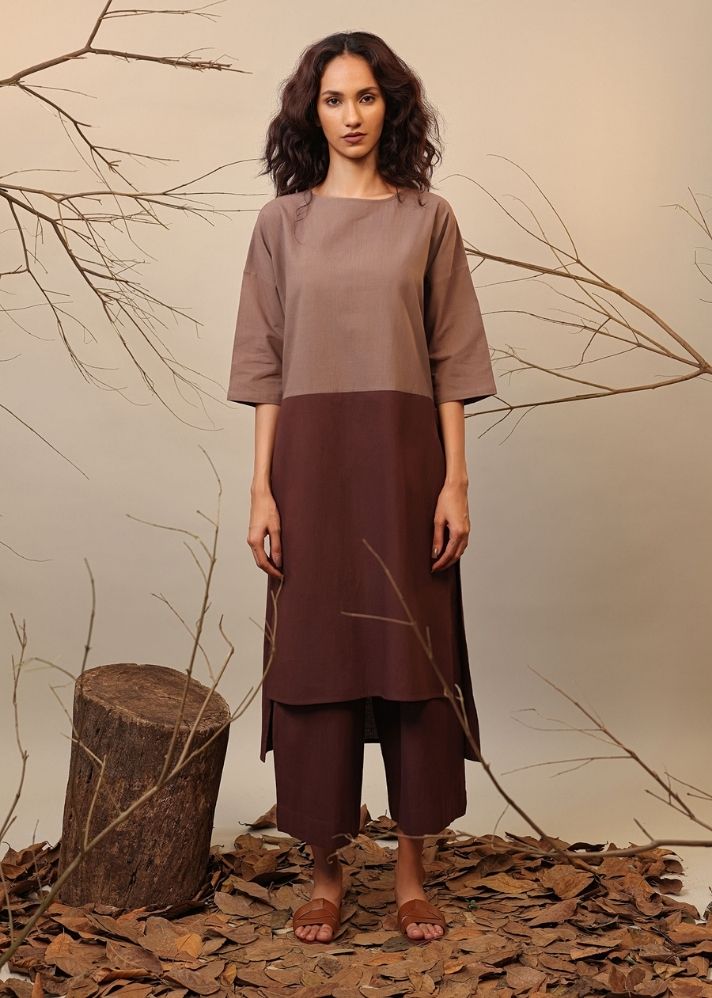 A Model Wearing Beige & Brown, Blue & Brown, Brown & Blue, Beige & Green Pure Cotton Roots Dual Ruka Set (2 PCS), curated by Only Ethikal