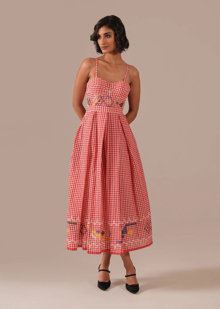 A Model Wearing Red Pure Cotton Honey Dawn Dress, curated by Only Ethikal