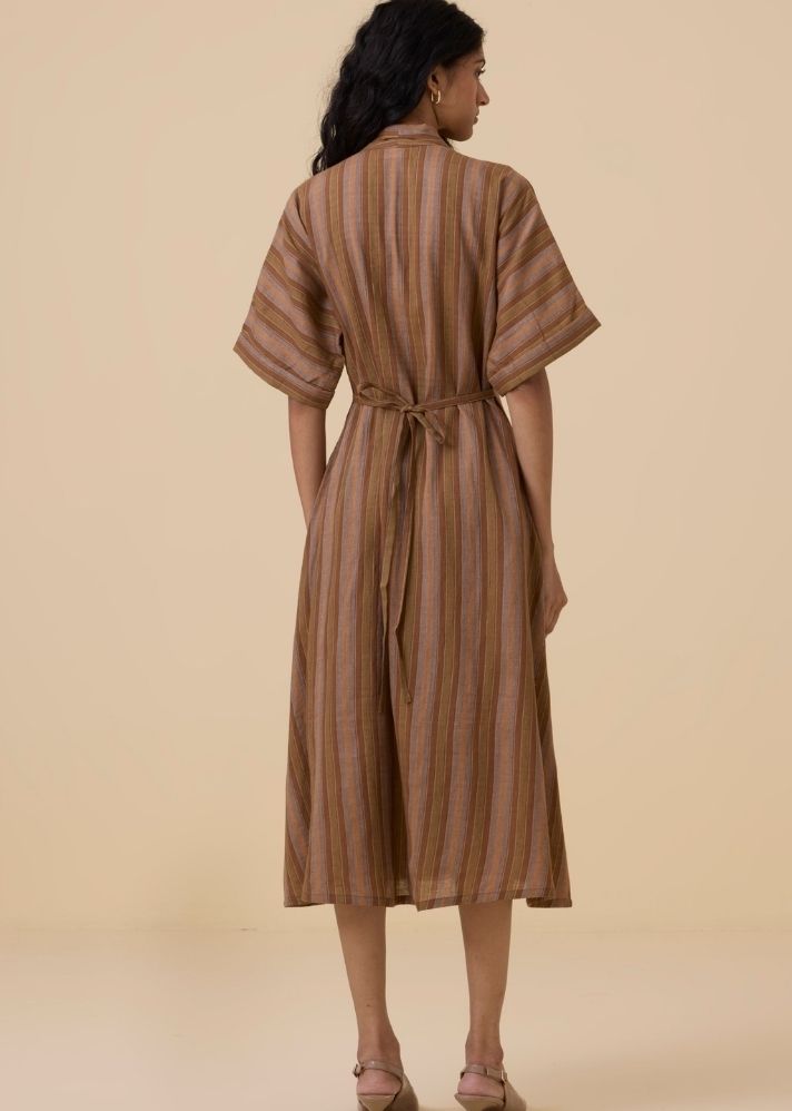 Qirat Brown Striped Midi Dress