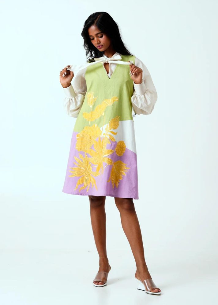 A Model Wearing Multicolor Handloom Cotton Melody Midi Dress, curated by Only Ethikal