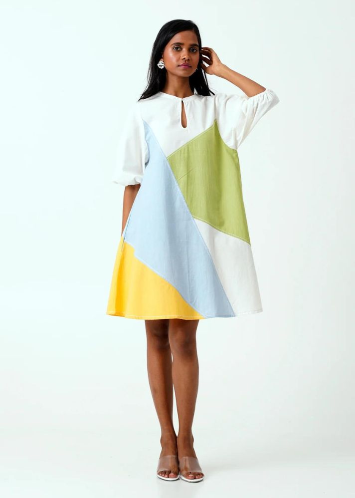 A Model Wearing Multicolor Handloom Cotton Marco Short Dress, curated by Only Ethikal