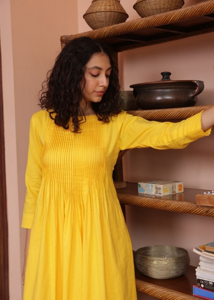A Model Wearing Yellow Organic Cotton Santorini Kurta Set- Yellow, curated by Only Ethikal