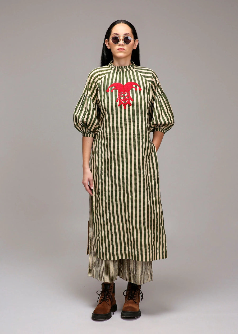 A Model Wearing Multicolor Cotton Egg-Shell Green Striped Big Joker Tunic, curated by Only Ethikal