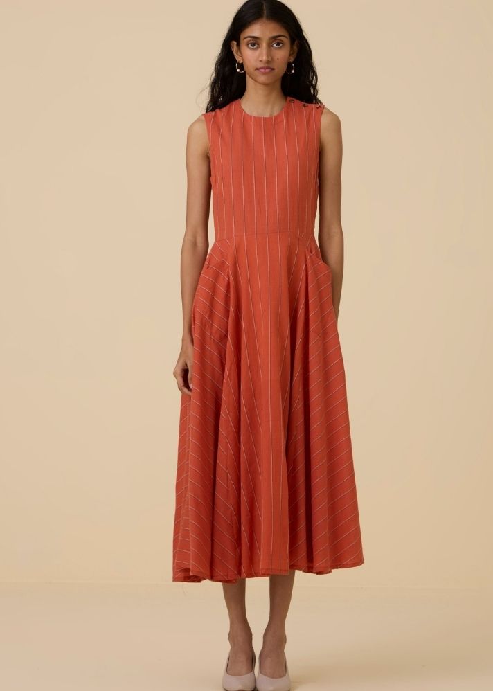 A Model Wearing Orange Handwoven Cotton Valentino Orange Cotton Midi Dress , curated by Only Ethikal