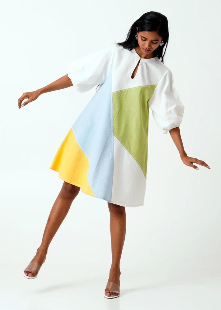 A Model Wearing Multicolor Handloom Cotton Marco Short Dress, curated by Only Ethikal