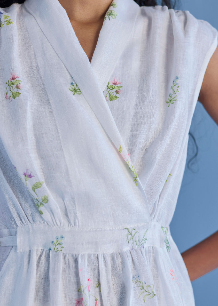 Mema Shawl Collar Printed Linen Dress - White