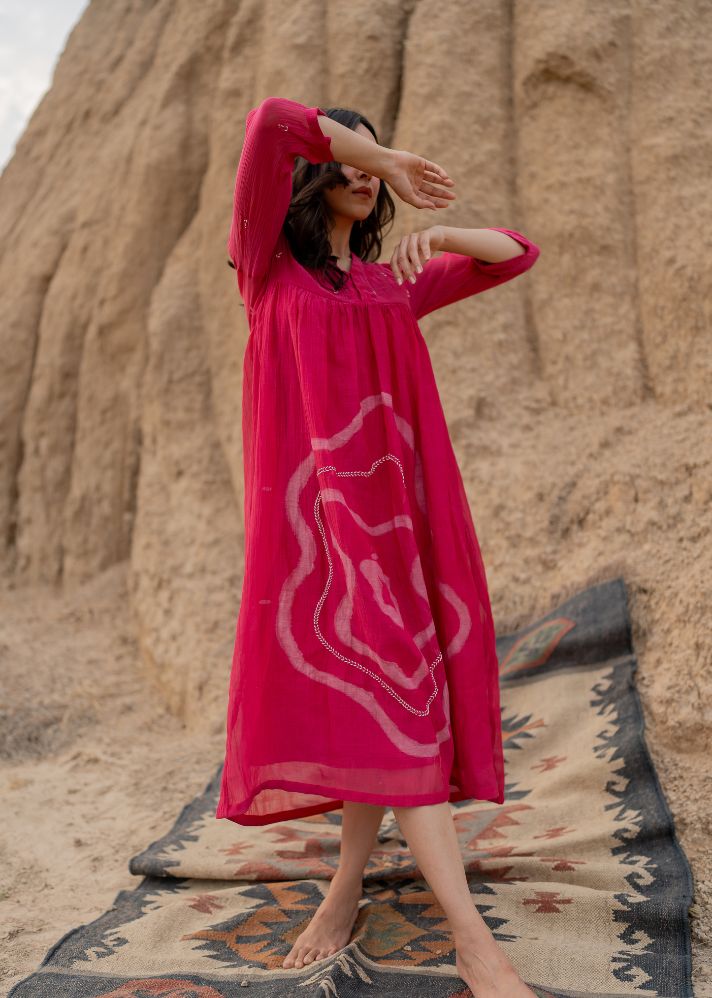 A Model Wearing Pink Chanderi Cotton Pink Arazi Dress, curated by Only Ethikal