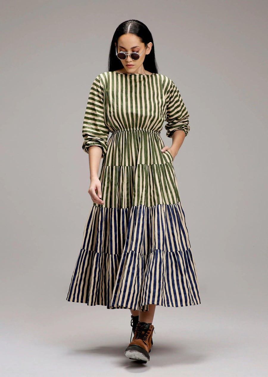 A Model Wearing Multicolor Cotton Egg-Shell Green & Blue Striped Tiered Dress, curated by Only Ethikal