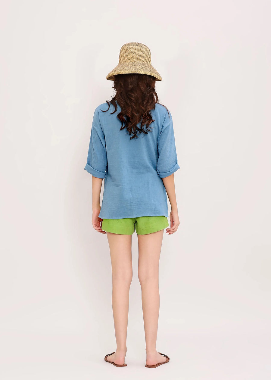 Coco Blue Embroidered Top & Green Shorts Set (2 Pcs)