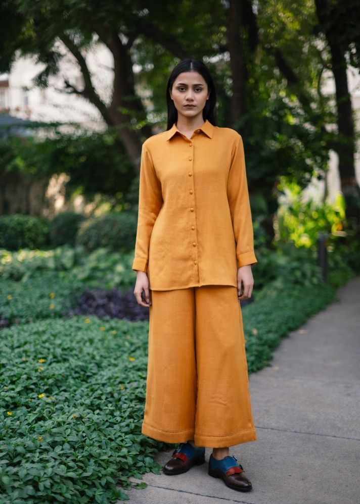 A Model Wearing Yellow  Wool Yellow Mahoniacoord Set , curated by Only Ethikal