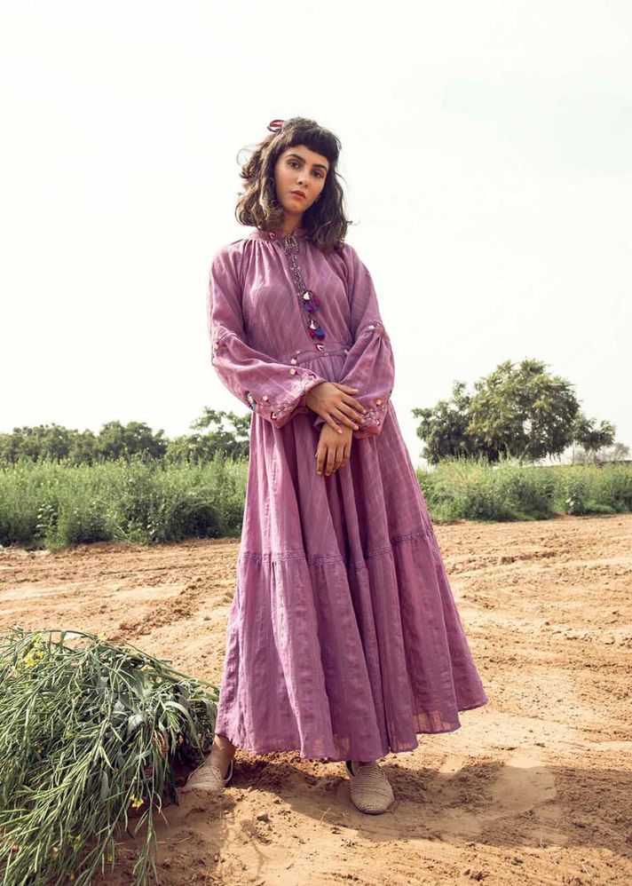 A Model Wearing Purple Handloom Cotton Dream Catcher Dress In Cotton, curated by Only Ethikal