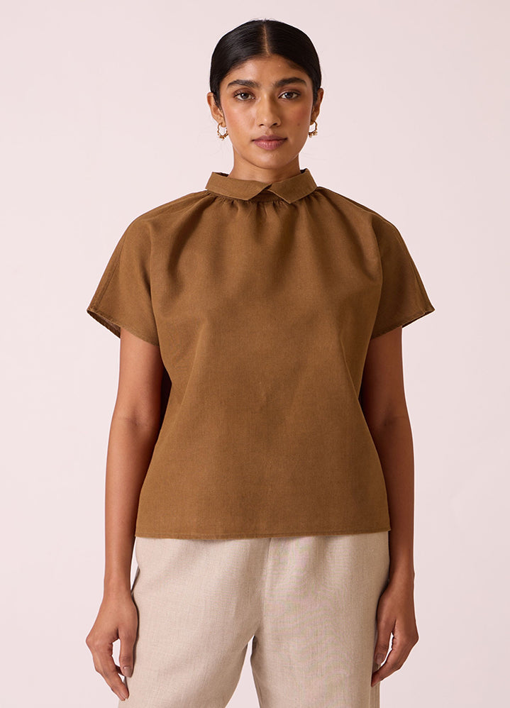 A Model Wearing Brown Linen Cotton Amara Brown Linen Cotton Top, curated by Only Ethikal