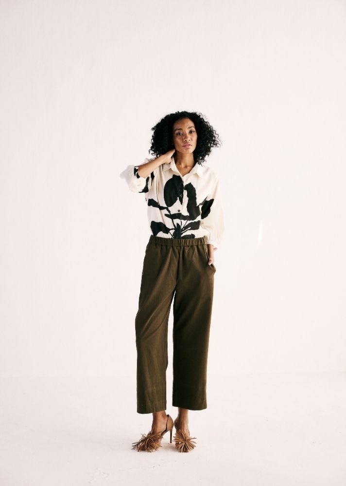 A Model Wearing Olive Cotton Twill Olive Trousers, curated by Only Ethikal