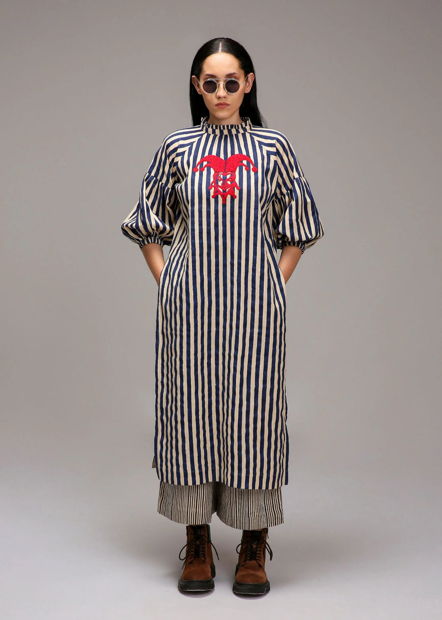 A Model Wearing Multicolor Cotton Egg-Shell Blue Striped Big Joker Tunic, curated by Only Ethikal
