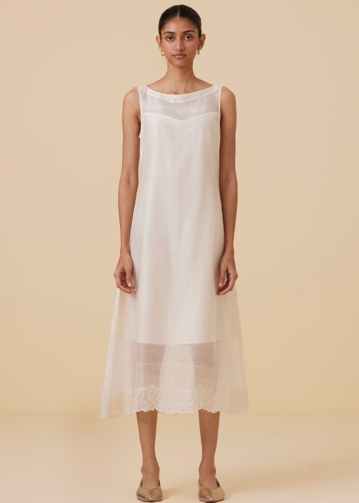 A Model Wearing White Handwoven Cotton Reyah Handwoven Embroidered Midi Dress , curated by Only Ethikal