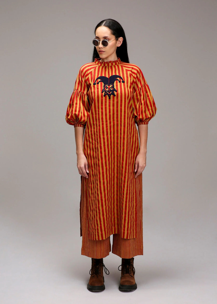A Model Wearing Multicolor Cotton Tan-Brown Red Striped Big Joker Tunic, curated by Only Ethikal