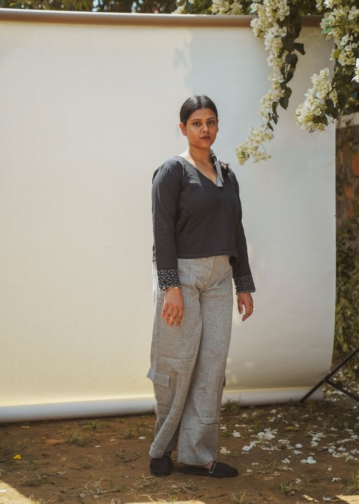 A Model Wearing Grey Pure Cotton Sonder Patch Pocket Pants, curated by Only Ethikal