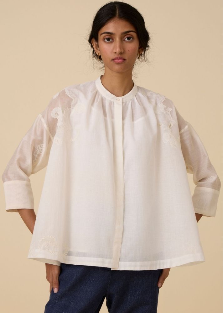 A Model Wearing White Handwoven Cotton Raha Embroidered Handwoven Top , curated by Only Ethikal