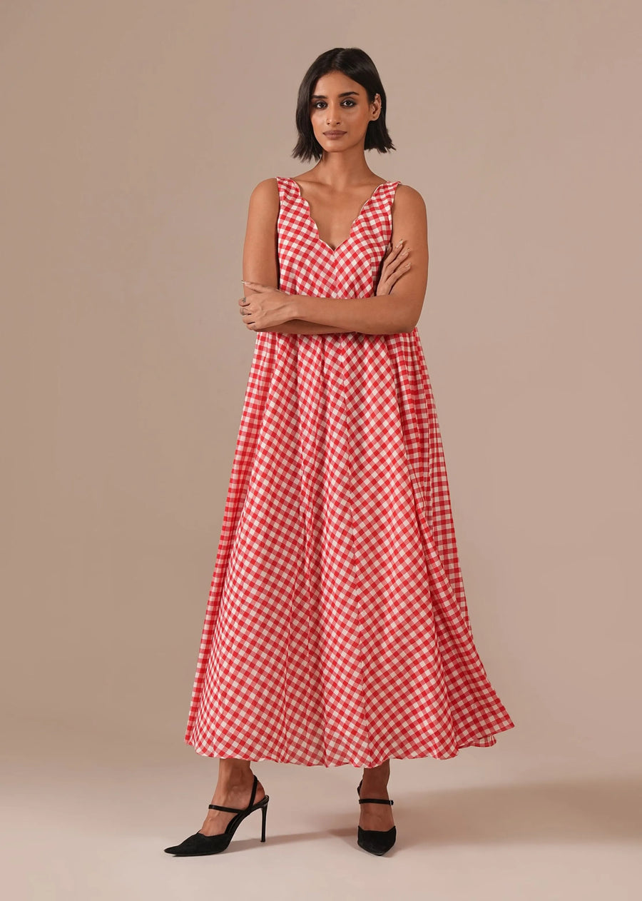 A Model Wearing Red Pure Cotton Peach Blossom Dress, curated by Only Ethikal