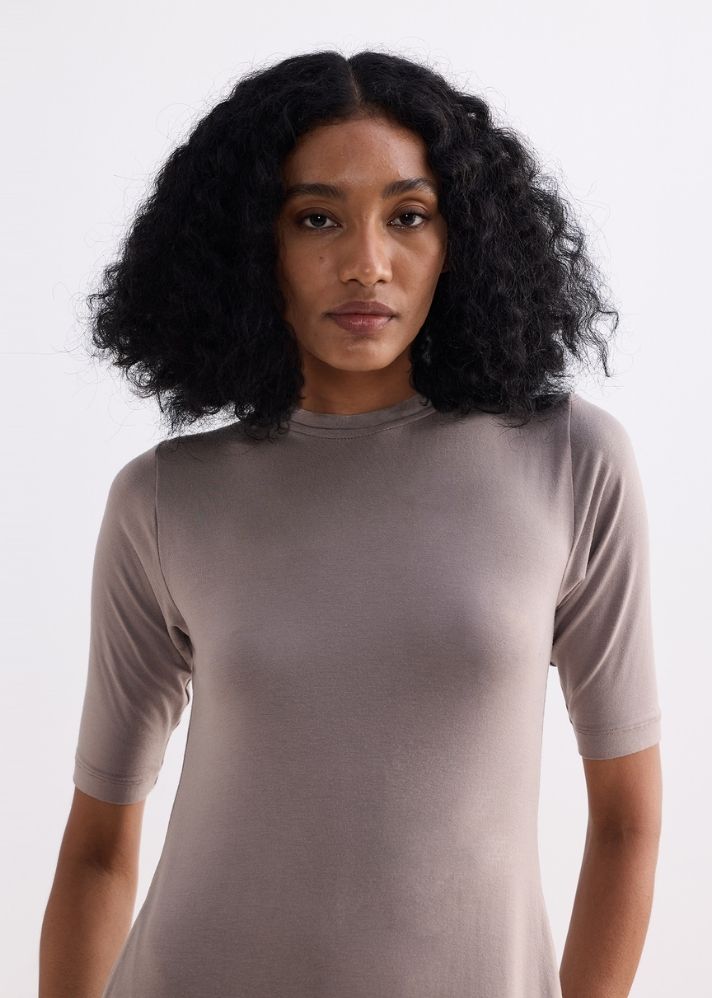 High Crew Neck Elbow Sleeves Fitted Dress In Dusty Brown