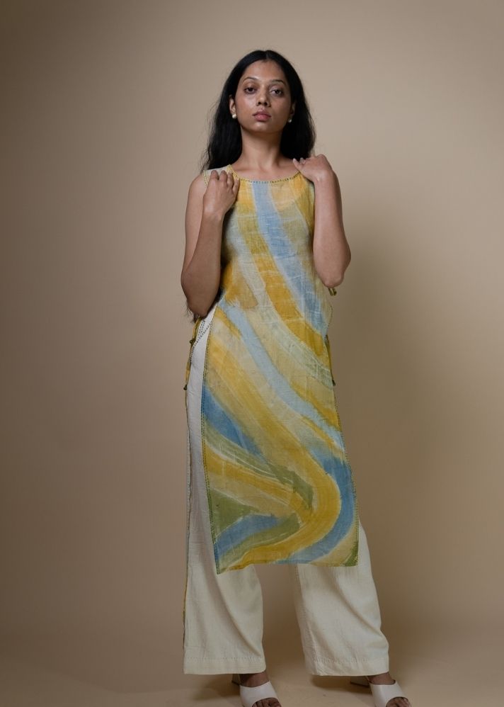 A Model Wearing Multicolor Pure Cotton Meadows Handpainted Bib, curated by Only Ethikal