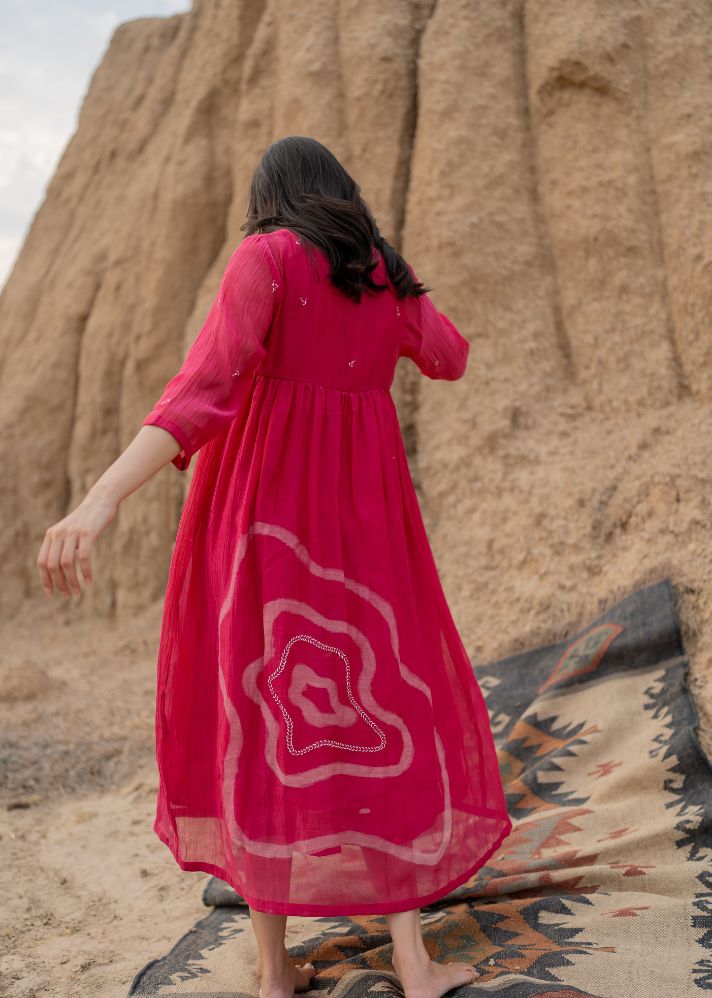 A Model Wearing Pink Chanderi Cotton Pink Arazi Dress, curated by Only Ethikal