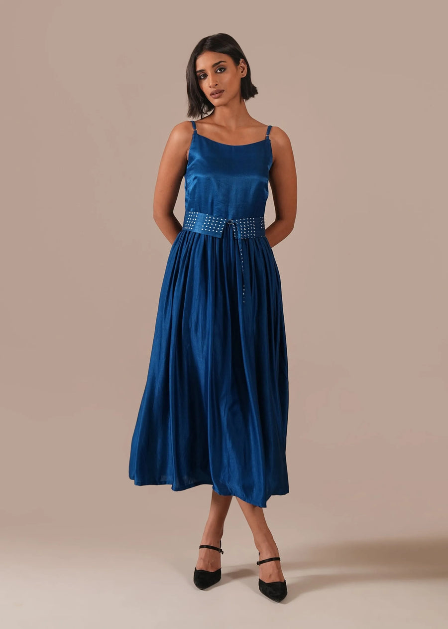 A Model Wearing Blue Silk Silk Sonata Dress, curated by Only Ethikal