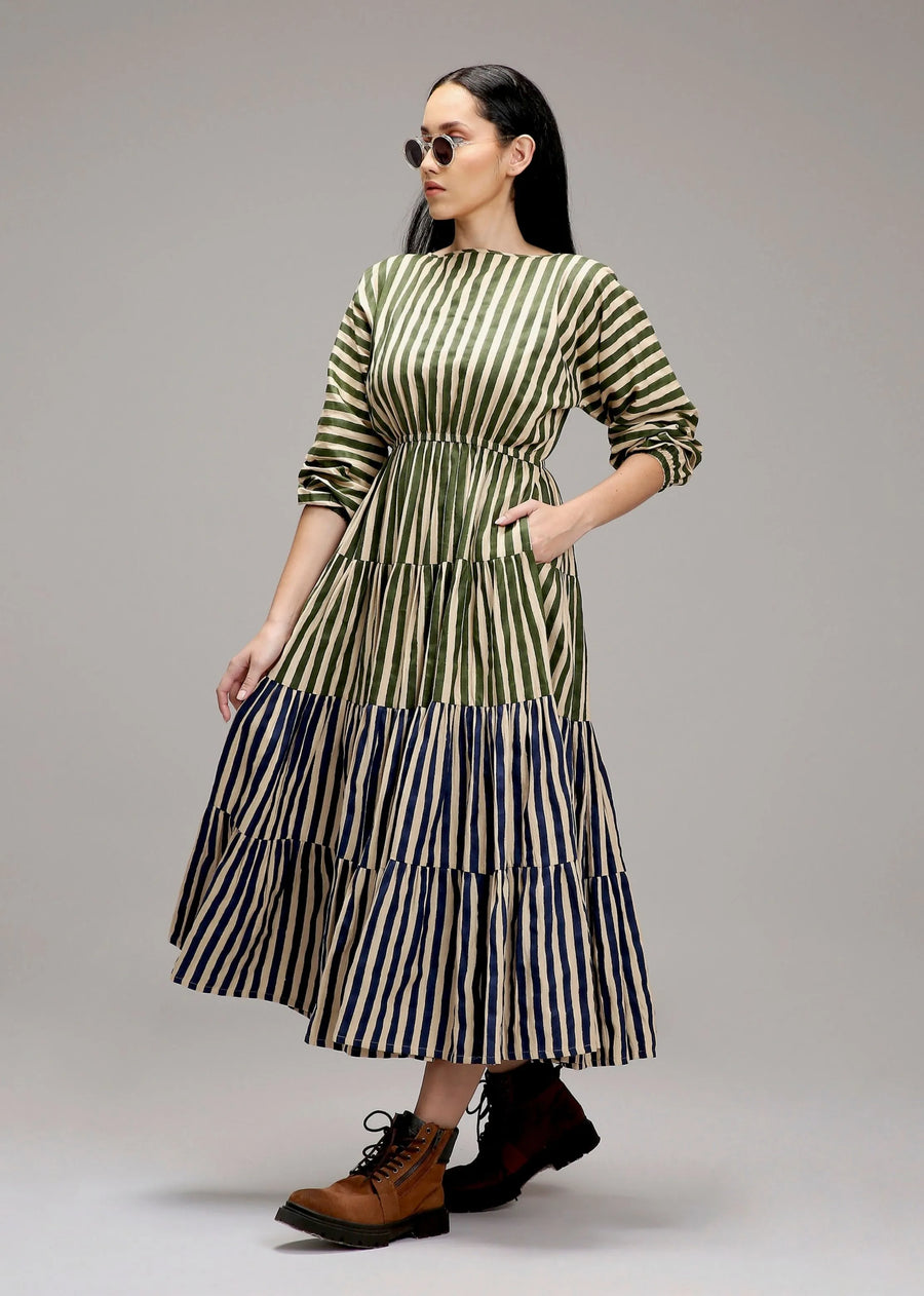 Egg-Shell Green & Blue Striped Tiered Dress