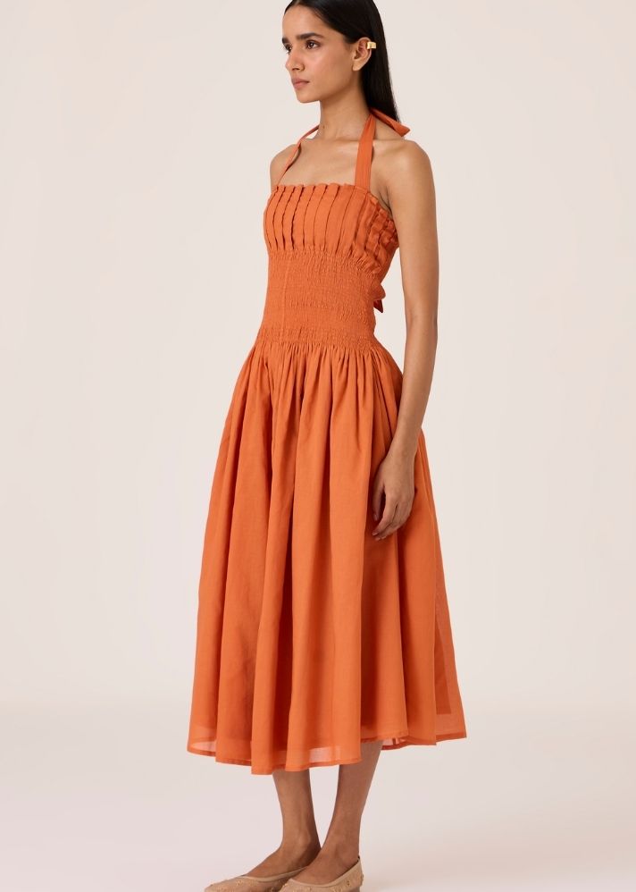 Aisha Apricot Pleated Midi Dress