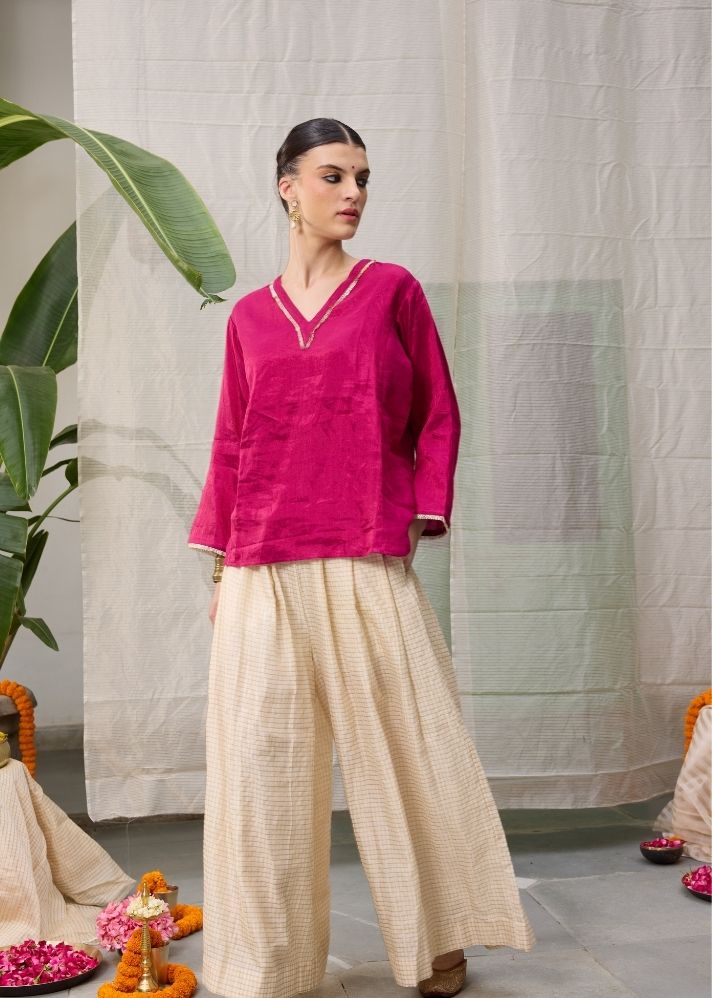 A Model Wearing Pink  Chanderi Cotton Pink Kaveri Top, curated by Only Ethikal