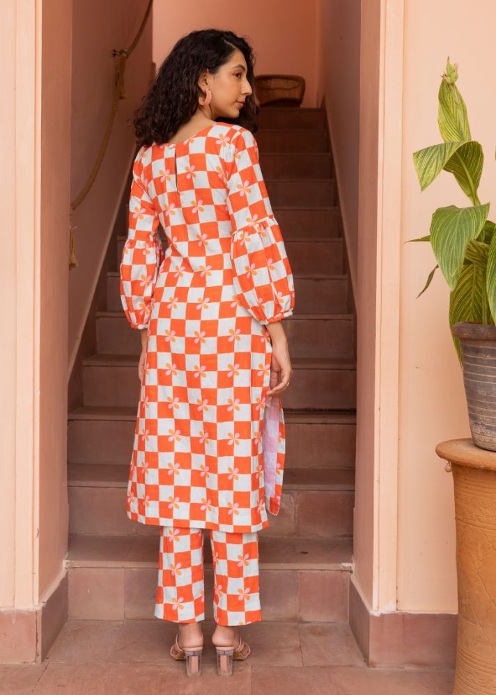 A Model Wearing Multicolor Organic Cotton Blossom Kurta- Peach Checks, curated by Only Ethikal
