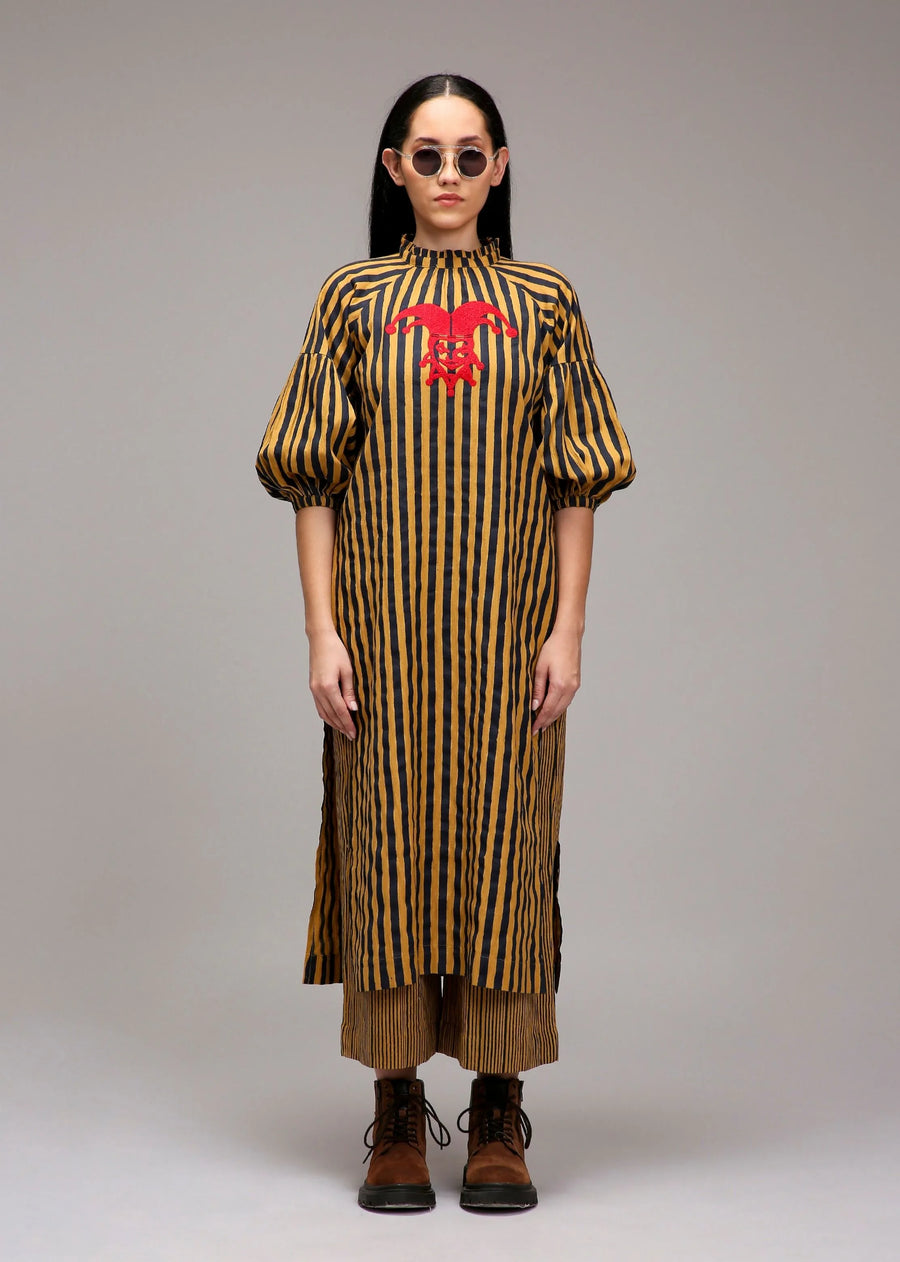 A Model Wearing Multicolor Cotton Tan-Brown Blue Striped Big Joker Tunic, curated by Only Ethikal